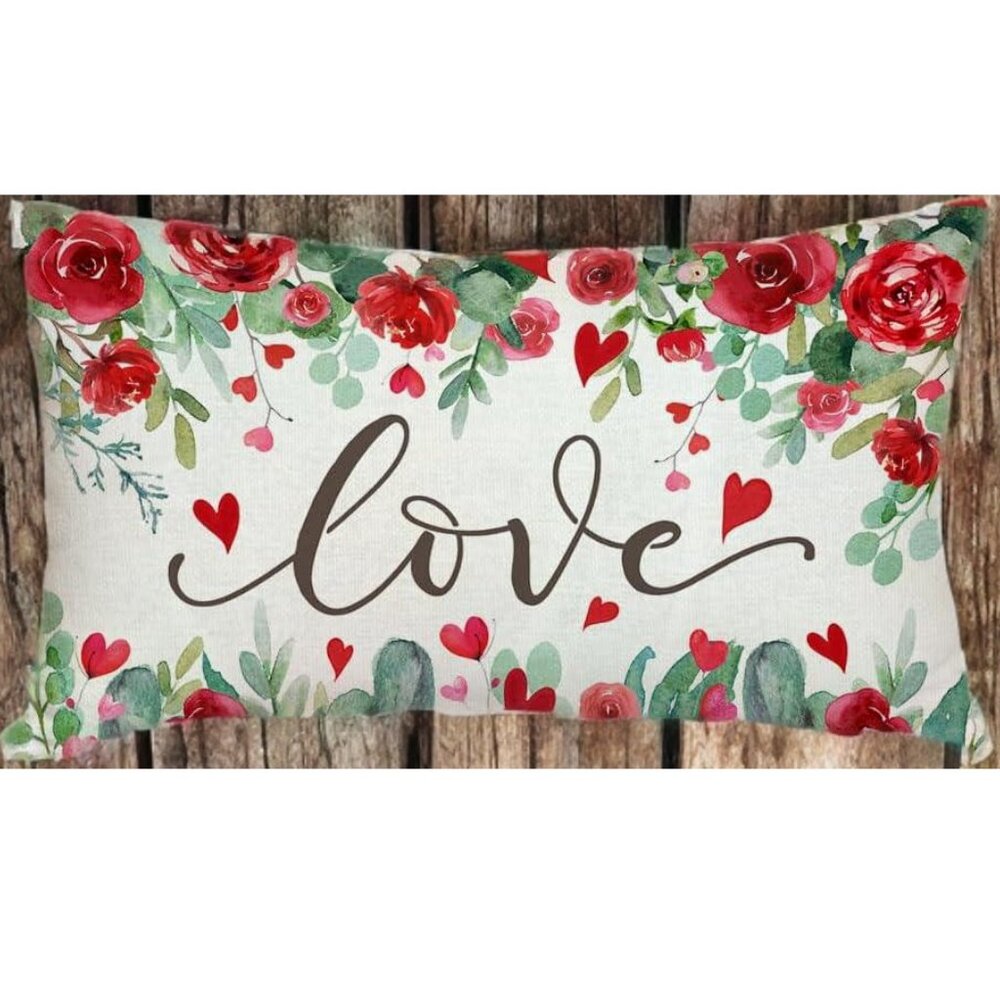 Floral Pillow Cover Valentines Day Decor Decorative Heart Accent Throw Case 20" - Picture 2 of 4
